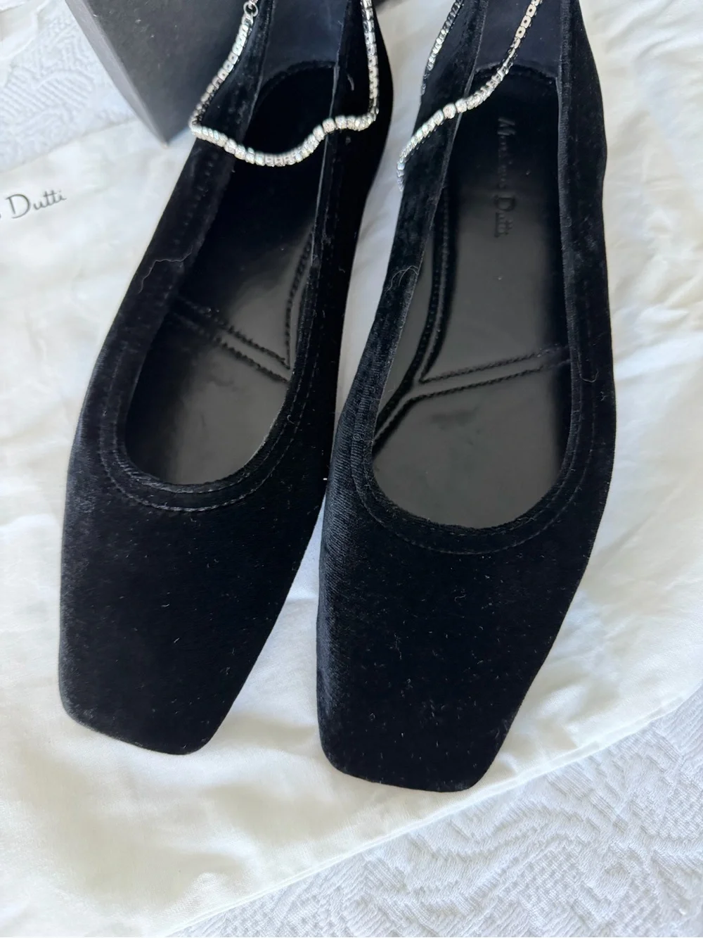Massimo Dutti Black Velvet Ballet Flats with Rhinestone Strap, NEW, size USA 7.5